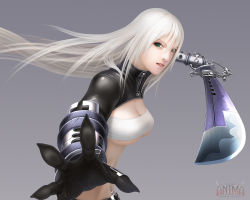 Rule 34 | 1girl, anima, breasts, celia (anima), cleavage, fighting stance, foreshortening, gauntlets, green eyes, large breasts, navel piercing, piercing, solo, strapless, sword, tube top, underboob, weapon, wen-m, white hair