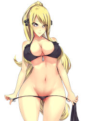 Rule 34 | 00s, 1girl, areola slip, bikini, bikini bottom pull, bikini pull, black bikini, blonde hair, blush, breasts, cleavage, clothes pull, collarbone, contrapposto, covered erect nipples, cowboy shot, creatures (company), curvy, cynthia (pokemon), game freak, grey eyes, groin, highres, large breasts, long hair, looking at viewer, navel, nintendo, packge, pokemon, pokemon dppt, ponytail, simple background, smile, solo, standing, stomach, swimsuit, thigh gap, tsurime, undressing, very long hair, white background, wide hips