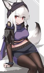 Rule 34 | 1girl, animal ears, arknights, beanie, black hat, black jacket, black nails, black skirt, breasts, brown gloves, brown pantyhose, closed mouth, crop top, cropped jacket, ears through headwear, elbow gloves, feet out of frame, fingerless gloves, fox ears, fox girl, fox tail, frostleaf (arknights), frostleaf (breaking the ice) (arknights), gloves, grey background, hat, headphones, headphones around neck, highres, jacket, long hair, looking at viewer, medium breasts, midriff, nail polish, navel, open clothes, open jacket, pantyhose, red eyes, short sleeves, sidelocks, sitting, skirt, solo, tail, two-tone background, white background, white hair, yki