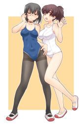 Rule 34 | 2girls, adjusting eyewear, bare legs, black choker, black eyes, black hair, black legwear, blue one-piece swimsuit, blush, bow choker, breasts, brown eyes, brown hair, choker, closed mouth, collarbone, commentary request, competition school swimsuit, covered navel, frown, full body, girls und panzer, hand in own hair, hand on another&#039;s shoulder, hand on own hip, kawashima momo, koyama yuzu, legs, looking at viewer, medium breasts, monocle, multiple girls, no socks, old school swimsuit, one-piece swimsuit, open mouth, outside border, pantyhose, pantyhose under swimsuit, revision, school swimsuit, semi-rimless eyewear, shoes, short hair, short ponytail, smile, standing, standing on one leg, swimsuit, thighband pantyhose, thighs, under-rim eyewear, uona telepin, uwabaki, waving, white footwear, white one-piece swimsuit, yellow background