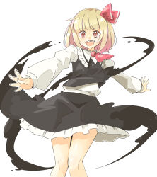 Rule 34 | 1girl, arnest, ascot, black skirt, black vest, blonde hair, bow, fang, hair bow, hair ribbon, highres, long sleeves, open mouth, outstretched arms, red ascot, red bow, red eyes, ribbon, rumia, sharp teeth, shirt, short hair, skirt, smile, spread arms, teeth, touhou, vest, white shirt