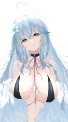 Rule 34 | 1girl, absurdres, ahoge, alternate costume, bikini, black bikini, blue hair, breasts, cleavage, elf, flower, hair between eyes, hair flower, hair ornament, heart, heart ahoge, highres, hololive, large breasts, liyaku, long hair, looking at viewer, pointy ears, sideboob, solo, swimsuit, upper body, virtual youtuber, yellow eyes, yukihana lamy