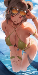 Rule 34 | 1girl, ;d, absurdres, arm strap, bikini, blush, bracelet, breasts, brown hair, cleavage, collarbone, commentary, commission, day, double bun, english commentary, girls&#039; frontline, green bikini, hair bun, hair ornament, highres, jewelry, large breasts, leaning forward, looking at viewer, ocean, one eye closed, open mouth, outdoors, p90 (girls&#039; frontline), partially submerged, pixiv commission, red eyes, rororo, smile, solo, sunglasses, swimsuit, thigh strap, thighs, water, wet