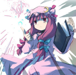 Rule 34 | 1girl, book, bow, female focus, hair bow, long hair, looking away, low-tied long hair, lowres, magic, mizumoto tadashi, multiple hair bows, patchouli knowledge, pointing, purple eyes, purple hair, solo, touhou