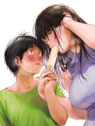 Rule 34 | 1boy, 1girl, adjusting hair, bare arms, bare shoulders, black hair, blue sweater, blush, breasts, breath, brown eyes, commentary request, food, food in mouth, green shirt, half-closed eyes, hetero, highres, holding, holding food, holding hands, kamiyama aya, large breasts, long hair, looking at another, mole, mole under mouth, original, popsicle, sexually suggestive, shirt, simple background, sweat, sweater, sweater vest, upper body, white background