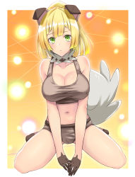 Rule 34 | 1girl, alternate breast size, animal ears, blonde hair, breasts, cleavage, cosplay, creatures (company), dog ears, dog tail, game freak, gen 7 pokemon, green eyes, highres, lillie (pokemon), long hair, nintendo, pokemon, pokemon sm, ponytail, rockruff, rockruff (cosplay), solo, tail, takecha