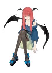 Rule 34 | 1girl, bare shoulders, bat wings, breasts, cleavage, closed mouth, dress, expressionless, full body, hair over one eye, head wings, highres, knees together feet apart, knees up, koakuma, large breasts, long hair, looking at viewer, off-shoulder dress, off shoulder, pantyhose, red eyes, red hair, sidelocks, simple background, sitting, solo, sugoiwaa44, touhou, upturned eyes, very long hair, white background, wings