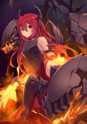 Rule 34 | absurdres, armor, bare shoulders, black armor, duel monster, fire, flaming hand, highres, horns, kanzakietc, long hair, looking at viewer, promethean princess bestower of flames, red eyes, red hair, sketch, yu-gi-oh!