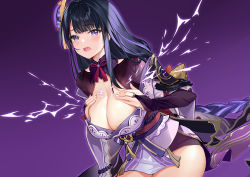 Rule 34 | 1girl, absurdres, black hair, braid, breasts, bridal gauntlets, cleavage, frown, genshin impact, gradient background, hair ornament, hands on own breasts, highres, japanese clothes, kikimi, kimono, large breasts, lightning, long hair, looking at viewer, obi, off shoulder, open mouth, purple background, purple eyes, purple kimono, raiden shogun, sash, short kimono, single braid, sitting, solo, tassel, thighs, very long hair, wide sleeves