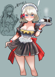 Rule 34 | 2girls, alternate costume, apron, azur lane, belfast (azur lane), blonde hair, blue eyes, blush, bow, braid, breasts, cleavage, coffee, collarbone, commentary request, dress, enmaided, frills, hair between eyes, hair bow, hey taisyou, highres, large breasts, long hair, looking at viewer, maid, maid headdress, multiple girls, smile, translation request, tray, z23 (azur lane)