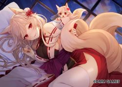 Rule 34 | 2girls, :o, animal ears, chibi, closed mouth, cup, drinking glass, dual persona, fingernails, flower, flower knight girl, fox ears, fox tail, hair flower, hair ornament, higanbana (flower knight girl), highres, hutuu (1121), long hair, looking at viewer, lying, multiple girls, multiple tails, nail polish, name connection, object namesake, on side, open mouth, pillow, red eyes, red nails, smile, spider lily, tail, thighhighs, water, white hair, white legwear, window