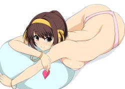 Rule 34 | 1girl, bangle, blush, bracelet, breasts, brown hair, covered erect nipples, hair ribbon, hairband, haruhisky, heart, heart pasties, holding, jewelry, looking at viewer, looking up, lying, medium breasts, nose blush, one-piece swimsuit, pasties, ponytail, ribbon, short ponytail, simple background, slingshot swimsuit, smile, solo, suzumiya haruhi, suzumiya haruhi no yuuutsu, swimsuit, thong, white background, yellow eyes
