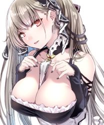 Rule 34 | 1girl, azur lane, between breasts, black dress, black nails, braid, braided bun, breasts, cleavage, dress, earrings, flight deck, formidable (azur lane), frilled dress, frills, grey hair, hair bun, hair ribbon, jewelry, large breasts, matsukawa (pale scarlet), nail polish, red eyes, ribbon, simple background, solo, twintails, two-tone dress, two-tone ribbon, white background