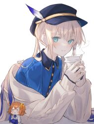 Rule 34 | 1boy, aqua eyes, black hat, blonde hair, blue hair, blue shirt, blush, cardigan, character doll, closed mouth, coffee cup, collared shirt, commentary, cup, disposable cup, fate/grand order, fate (series), fujimaru ritsuka (female), gradient hair, grey hair, hair between eyes, hat, hat feather, highres, holding, holding cup, long hair, long sleeves, looking at viewer, male focus, multicolored hair, nemo (fate), off shoulder, sherry 0014, shirt, simple background, solo, steam, symbol-only commentary, twintails, twitter username, white background