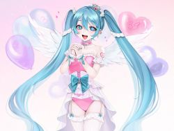 Rule 34 | 1girl, aqua eyes, aqua hair, balloon, bare shoulders, blush, bow, breasts, choker, clothing request, collarbone, commentary request, cowboy shot, cross, cross choker, crown, detached sleeves, fang, frilled choker, frilled leotard, frills, hair between eyes, hands up, hatsune miku, heart, heart balloon, heart print, leotard, long hair, looking at viewer, mini crown, ompf, open mouth, own hands together, pillow, pink choker, pink leotard, skindentation, small breasts, smile, solo, strapless, strapless leotard, striped, thighhighs, tongue, tongue out, twintails, very long hair, vocaloid, white wings, wing hair ornament, wings