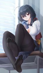 Rule 34 | 1girl, absurdres, ahoge, armband, azur lane, black hair, black pantyhose, black skirt, breasts, button gap, cellphone, classroom, cleavage, collared shirt, day, desk, feet, foot focus, foreshortening, glasses, hair ribbon, highres, holding, holding phone, huge ahoge, indoors, jacket, jndfh, large breasts, long hair, looking at phone, no shoes, off shoulder, official alternate costume, on desk, pantyhose, parted lips, phone, pleated skirt, red eyes, red jacket, red ribbon, ribbon, round eyewear, school uniform, see-through, see-through legwear, shirt, shirt tucked in, sitting, skirt, smartphone, soles, solo, taihou (azur lane), taihou (sweet time after school) (azur lane), taut clothes, taut shirt, thighband pantyhose, toes, very long hair, white shirt, window blinds, yellow armband