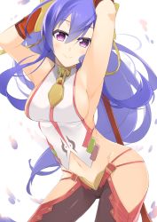 Rule 34 | 1girl, antenna hair, armpits, arms behind head, arms up, backless outfit, bare hips, bare shoulders, holding behind back, black pants, blazblue, blazblue: central fiction, blazblue variable heart, blouse, blue hair, bow, breasts, cowboy shot, fingerless gloves, genderswap, genderswap (mtf), gloves, groin, hair between eyes, hair bow, halterneck, hip vent, holding, holding weapon, large breasts, leaning forward, long hair, looking at viewer, lowleg, lowleg pants, mai natsume, midriff, navel, no bra, no panties, pants, polearm, ponytail, purple eyes, purple hair, red gloves, revealing clothes, ribbon, sasakura, shirt, sideboob, sidelocks, simple background, sleeveless, sleeveless shirt, smile, solo, spear, standing, stomach, thighs, very long hair, weapon, white background, yellow bow
