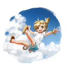 Rule 34 | 1girl, artist name, asymmetrical bangs, barakamon, blonde hair, blue shorts, blue sky, bracelet, brown eyes, child, cloud, happy, jane mere, jewelry, kotoishi naru, looking at viewer, open mouth, outstretched arms, sandals, shirt, short hair, short sleeves, shorts, side ponytail, sky, solo, t-shirt, teeth, upper teeth only, white shirt