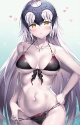 Rule 34 | 1girl, ahoge, ale nqki, bare shoulders, bikini, bikini tug, black bikini, blush, bracelet, breasts, cleavage, collarbone, cowboy shot, fate/grand order, fate (series), front-tie top, groin, hair between eyes, hand in bikini, hand on own hip, head tilt, headpiece, highres, jeanne d&#039;arc (fate), jeanne d&#039;arc alter (avenger) (fate), jeanne d&#039;arc alter (fate), jewelry, large breasts, long hair, looking at viewer, medium breasts, multi-strapped bikini, navel, necklace, o-ring, o-ring top, open mouth, pale skin, short hair, sidelocks, silver hair, solo, stomach, swimsuit, very long hair, wet, yellow eyes