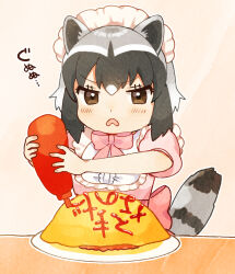 Rule 34 | 1girl, black hair, bow, brown eyes, common raccoon (kemono friends), disgust, dress, eyelashes, food, food writing, grey hair, kemono friends, ketchup, ketchup bottle, maid headdress, multicolored hair, omelet, omurice, pink bow, pink dress, plate, puffy short sleeves, puffy sleeves, raccoon girl, raccoon tail, shirt, short hair, short sleeves, solo, suicchonsuisui, tail, translation request, white shirt