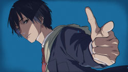 Rule 34 | 1boy, asada hachi, black hair, blazer, blue background, blue jacket, brown eyes, collared shirt, commentary, dutch angle, finger gun, glitch, hair between eyes, highres, hood, hood down, hoodie, inuyashiki, jacket, long sleeves, looking at viewer, male focus, necktie, outstretched arm, parted lips, pointing, pointing at viewer, red necktie, school uniform, shadow, shirt, shishigami hiro, short hair, simple background, smile, solo, upper body, white shirt