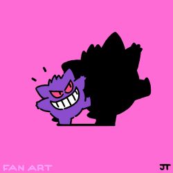 Rule 34 | commentary, creatures (company), game freak, gen 1 pokemon, gengar, grin, highres, james turner, leg up, nintendo, no humans, notice lines, pink background, pink eyes, pokemon, pokemon (creature), signature, simple background, smile, solo, standing, standing on one leg, teeth