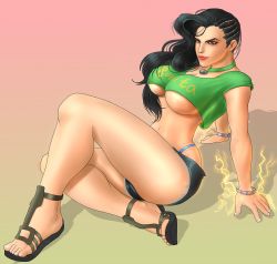 Rule 34 | 1girl, asymmetrical hair, black hair, breasts, cleavage, cornrows, crop top, highres, laura matsuda, short shorts, shorts, sitting, solo, street fighter, street fighter v, thong, underboob, yecow loccour