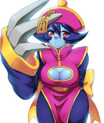 Rule 34 | blue skin, breasts, capcom, chinese clothes, colored skin, highres, lei lei, long sleeves, red eyes, short hair, solo, vampire (game)