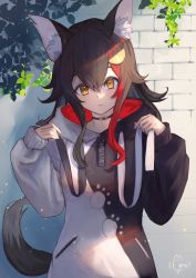 Rule 34 | 1girl, animal ear fluff, animal ears, black choker, black hair, brick wall, brown eyes, choker, commentary request, drawstring, hair between eyes, hair ornament, hairclip, hands up, highres, hololive, long hair, long sleeves, looking at viewer, multicolored hair, ookami mio, ookami mio (casual), parted lips, plant, puffy long sleeves, puffy sleeves, red hair, signature, solo, streaked hair, tail, two-tone hoodie, upper body, virtual youtuber, wolf ears, wolf girl, wolf tail, xyunx