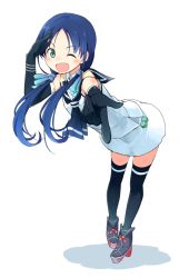Rule 34 | &gt;;d, 10s, 1girl, ;d, blue hair, blush, elbow gloves, full body, gloves, green eyes, hair ribbon, kantai collection, leaning forward, long hair, low twintails, neckerchief, oge (ogeogeoge), one eye closed, open mouth, pointing, ribbon, salute, smile, solo, suzukaze (kancolle), thighhighs, twintails, v-shaped eyebrows, white background