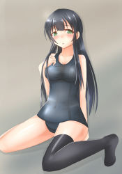 Rule 34 | 10s, 1girl, agano (kancolle), bad id, bad pixiv id, black hair, black thighhighs, breasts, doyachii, green eyes, grey background, highres, kantai collection, large breasts, long hair, one-piece swimsuit, school swimsuit, simple background, single thighhigh, sitting, skindentation, solo, swimsuit, thighhighs, wariza