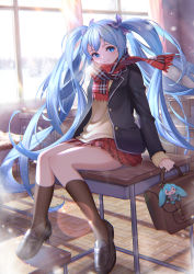 Rule 34 | 1girl, alternate costume, arm at side, arm support, artist name, backlighting, bag, beige cardigan, black footwear, black jacket, black socks, blue eyes, blue hair, blue ribbon, blurry, bokeh, breasts, breath, buttons, cardigan, chair, character charm, character doll, charm (object), classroom, closed mouth, curtains, day, depth of field, desk, facing viewer, full body, glint, hair between eyes, hair ribbon, happy, hatsune miku, highres, indoors, jacket, knees together feet apart, lens flare, light blush, light particles, light rays, light smile, lips, loafers, lolittleboy, long hair, looking to the side, on desk, open clothes, open jacket, plaid, plaid scarf, plaid skirt, pleated skirt, red neckwear, red scarf, red skirt, ribbon, scarf, school bag, school uniform, shadow, shoes, sitting, skirt, sleeves past wrists, small breasts, socks, solo, sunlight, twintails, uniform, very long hair, vocaloid, window, winter, yuki miku