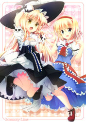 Rule 34 | 2girls, akane hazuki, alice margatroid, ankle boots, apron, blonde hair, blue dress, blue eyes, boots, braid, capelet, checkered background, corset, dress, hairband, hand on headwear, hat, hat ribbon, heart, heart hands, heart hands duo, jumping, kirisame marisa, long hair, looking at viewer, multiple girls, open mouth, puffy short sleeves, puffy sleeves, ribbon, sash, short hair, short sleeves, single braid, touhou, waist apron, witch hat, wrist cuffs, yellow eyes
