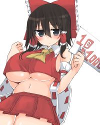 Rule 34 | 1girl, commentary request, cowboy shot, golgi hon, hair between eyes, hakurei reimu, highres, miniskirt, simple background, skirt, solo, stomach, touhou, white background
