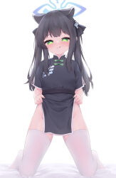 Rule 34 | 1girl, :q, absurdres, animal ear fluff, animal ears, bed sheet, black dress, black hair, blue archive, blue halo, blush, china dress, chinese clothes, closed mouth, clothes lift, commentary, dress, dress lift, extra ears, green eyes, halo, heart, heart-shaped pupils, highres, kianata, kneeling, lifting own clothes, long hair, looking at viewer, no panties, no shoes, pelvic curtain, short sleeves, shun (blue archive), shun (small) (blue archive), sidelocks, simple background, smile, solo, symbol-shaped pupils, thighhighs, tiger ears, tiger girl, tongue, tongue out, twintails, white background, white thighhighs