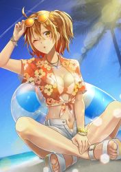 Rule 34 | 1girl, ;o, adjusting eyewear, ahoge, beach, bikini tan, blouse, blue gemstone, blush, bracelet, breasts, collared shirt, contrail, day, embarrassed, eyewear on head, fate/grand order, fate (series), front-tie top, fujimaru ritsuka (female), fujimaru ritsuka (female) (tropical summer), full body, gem, hair between eyes, hair ornament, hair scrunchie, hawaiian shirt, highres, ichino tomizuki, indian style, innertube, jewelry, legs, lens flare, lipstick, looking at viewer, makeup, medium breasts, nail polish, navel, necklace, no bra, no panties, ocean, official alternate costume, one eye closed, one side up, open clothes, open shirt, open shorts, orange eyes, orange hair, orange lips, orange nails, orange scrunchie, outdoors, palm tree, parted bangs, red shirt, sandals, scrunchie, shirt, short shorts, short sleeves, shorts, sitting, solo, sunglasses, sweat, swim ring, swimsuit, tan, tanline, tied shirt, toenail polish, toenails, tree, tropical summer (fate), white shorts
