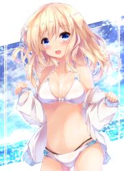Rule 34 | 1girl, :d, bare shoulders, bikini, blonde hair, blue eyes, blue ribbon, breasts, cleavage, collarbone, commentary request, cowboy shot, dress shirt, fuuna, hair ribbon, halterneck, halterneck, highres, long hair, long sleeves, looking at viewer, medium breasts, navel, off shoulder, open clothes, open mouth, open shirt, original, ribbon, shirt, smile, solo, standing, swimsuit, white bikini, white shirt