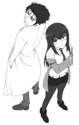 Rule 34 | 1boy, 1girl, bad id, bad pixiv id, crossed arms, facial hair, from above, greyscale, hands in pockets, highres, jacket, lab coat, makise kurisu, monochrome, necktie, okabe rintarou, pantyhose, pantyhose under shorts, shichimenchou, short hair, shorts, simple background, steins;gate, stubble, white background