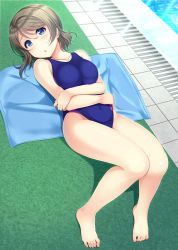 Rule 34 | 1girl, barefoot, blue eyes, blue one-piece swimsuit, blue towel, competition swimsuit, covered navel, crossed arms, full body, grey hair, highres, hino minato (spec.c), looking at viewer, love live!, love live! sunshine!!, lying, one-piece swimsuit, pool, poolside, short hair, solo, swimsuit, towel, watanabe you