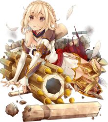 Rule 34 | 1girl, blonde hair, braid, castel del monte (oshiro project), crown braid, full body, mallet, official art, open mouth, oshiro project:re, oshiro project:re, red eyes, taicho128, torn clothes, transparent background, war hammer, weapon