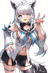 Rule 34 | 1girl, ahoge, animal ear fluff, animal ears, arpeggio kaga, belt, black shorts, black thighhighs, blue neckerchief, blush, braid, breasts, cleavage, detached sleeves, ear piercing, earrings, fox ears, fox girl, fox shadow puppet, fox tail, green eyes, hair between eyes, hand on own hip, highres, hololive, jewelry, large breasts, long hair, looking at viewer, navel, neckerchief, open mouth, pentagram, piercing, revision, shirakami fubuki, shirakami fubuki (1st costume), short shorts, shorts, side braid, simple background, single braid, single earring, single thighhigh, skindentation, smile, solo, tail, teeth, thigh strap, thighhighs, upper teeth only, virtual youtuber, white hair, wide sleeves
