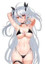 Rule 34 | 1girl, absurdres, alternate costume, antenna hair, arms behind head, azur lane, bad id, bad twitter id, bikini, black bikini, black choker, blush, breasts, brown eyes, choker, cleavage, collarbone, commentary request, cowboy shot, curvy, flag print, german flag bikini, greem bang, groin, hair between eyes, hand in own hair, highleg, highleg bikini, highres, hip focus, korean commentary, large breasts, leaning forward, legs together, long hair, looking at viewer, meme, mole, mole on breast, multicolored hair, navel, open mouth, prinz eugen (azur lane), prinz eugen (unfading smile) (azur lane), red hair, ribs, shiny skin, side-tie bikini bottom, silver hair, simple background, skindentation, solo, standing, stomach, streaked hair, swimsuit, tan, tanline, thighs, two side up, very long hair, white background