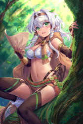 Rule 34 | 1girl, absurdres, black thighhighs, blurry, blurry background, braid, breasts, cleavage, forest, green eyes, headband, highres, leaf, looking at viewer, medium breasts, nature, navel, original, shichigatsu, silver hair, sitting, solo, thighhighs, tree, weapon, whip