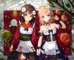 Rule 34 | 2girls, absurdres, ahoge, apron, bare shoulders, black tea, blonde hair, blush, brown hair, closed mouth, clothing request, commentary, cowboy shot, cup, english commentary, flower, frills, from above, green eyes, green tea, hair flower, hair ornament, highres, holding hands, japanese clothes, kimono, long hair, long sleeves, looking at viewer, lying, maid, maid apron, maid headdress, multiple girls, na kyo, on back, original, smile, tea, tea stalk, teapot, wide sleeves, yellow eyes