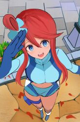 1girl anonymous84268 blush creatures_(company) crop_top from_above game_freak gloves long_sleeves looking_at_viewer nintendo pokemon pokemon_bw red_hair shorts skyla_(pokemon) teeth thigh_strap upper_teeth_only