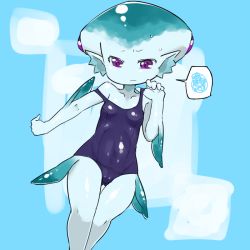 Rule 34 | 1girl, blue skin, blue theme, colored skin, extra eyes, fish girl, fukurou (owl222), monster girl, nintendo, one-piece swimsuit, princess ruto, purple eyes, school swimsuit, solo, spoken squiggle, squiggle, swimsuit, the legend of zelda, the legend of zelda: ocarina of time, aged down, zora