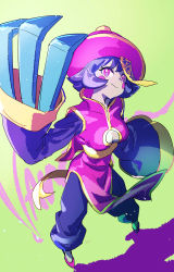 Rule 34 | 1girl, blue pants, cleavage cutout, clothing cutout, colored skin, flipped hair, from above, full body, grey skin, hat, highres, jiangshi, lei lei, ofuda, pants, pink footwear, pink hat, purple hair, short hair, simple background, sleeves past wrists, solo, thundergotch, vampire (game), wide sleeves