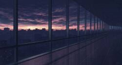 Rule 34 | akafune, building, ceiling, city, cityscape, cloud, cloudy sky, commentary request, evening, highres, indoors, no humans, original, reflective floor, scenery, signature, sky, skyline, sunset, tile ceiling, tile floor, tiles, window