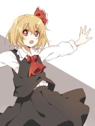 Rule 34 | 1girl, arms up, ascot, black skirt, black vest, blonde hair, collar, collared shirt, grey background, hair between eyes, hair ribbon, hands up, highres, long sleeves, looking away, open mouth, red ascot, red eyes, red ribbon, ribbon, rumia, sasaki sakiko, shirt, short hair, skirt, smile, solo, touhou, vest, white background, white shirt, white sleeves