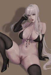 Rule 34 | 1girl, bikini, bikini top only, black footwear, black gloves, black thighhighs, bottomless, breasts, censored, closed mouth, elbow gloves, female pubic hair, final fantasy, final fantasy xiv, front-tie bikini top, front-tie top, gloves, hand up, high heels, highres, jeneral, large breasts, lipstick, long hair, looking at viewer, makeup, mosaic censoring, navel, omega-f, omega (final fantasy), ponytail, pubic hair, pussy, red eyes, red lips, sidelocks, solo, spread legs, sweat, swimsuit, thighhighs, veins, veiny breasts, very long hair